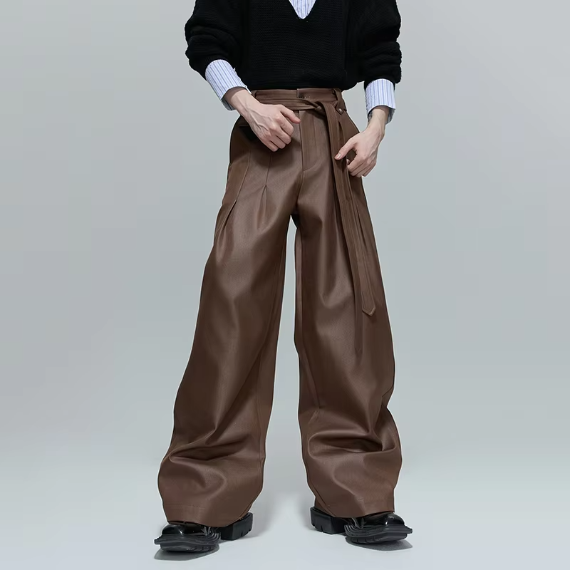 FEWQ High Street Men's Casual Pants Solid Color Pleated Design Belt Trousers High Waist Straight Leg Male Bottom Simple