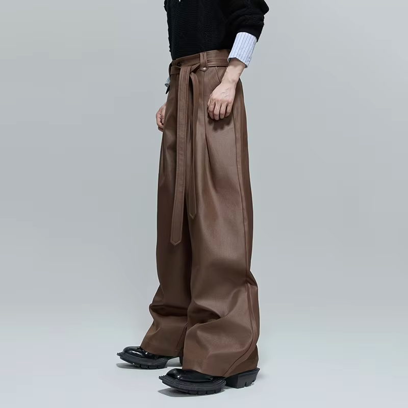 FEWQ High Street Men's Casual Pants Solid Color Pleated Design Belt Trousers High Waist Straight Leg Male Bottom Simple