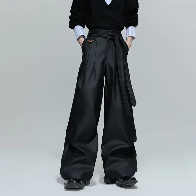 FEWQ High Street Men's Casual Pants Solid Color Pleated Design Belt Trousers High Waist Straight Leg Male Bottom Simple