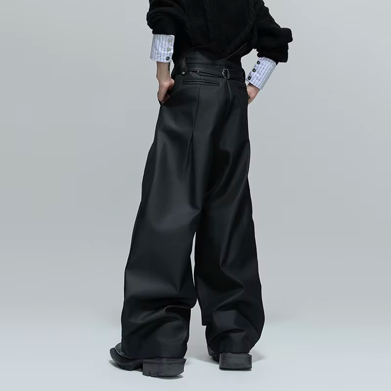 FEWQ High Street Men's Casual Pants Solid Color Pleated Design Belt Trousers High Waist Straight Leg Male Bottom Simple