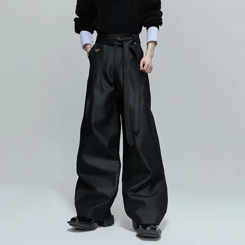 FEWQ High Street Men's Casual Pants Solid Color Pleated Design Belt Trousers High Waist Straight Leg Male Bottom Simple