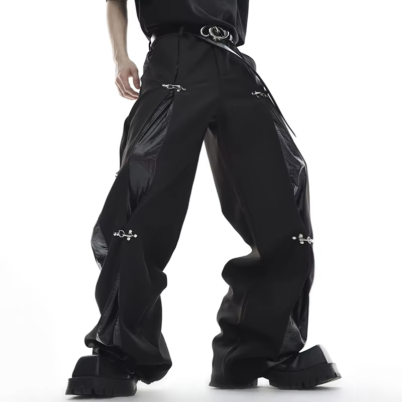 FEWQ American Style High Street Metal Buckle UP Leather Splicing Design Men's Casual Trousers Straight Leg Pants