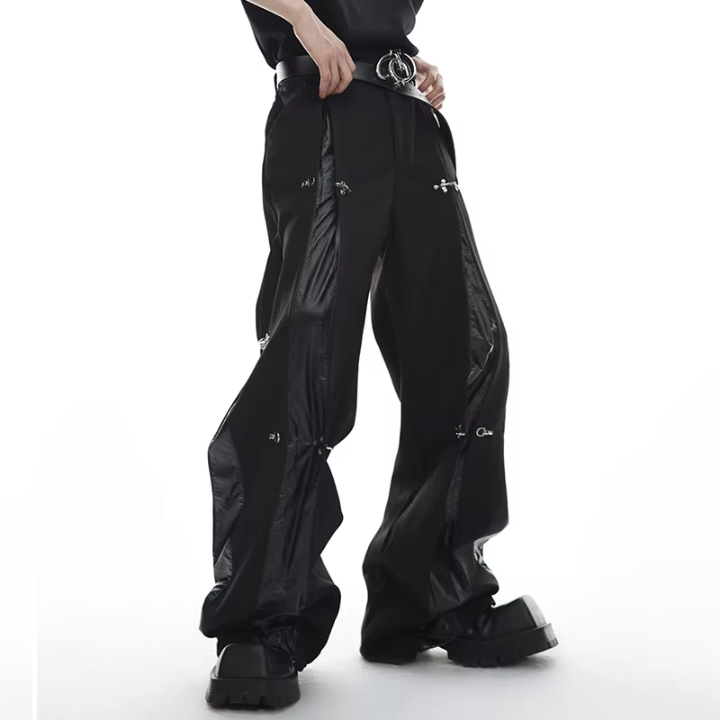 FEWQ American Style High Street Metal Buckle UP Leather Splicing Design Men's Casual Trousers Straight Leg Pants