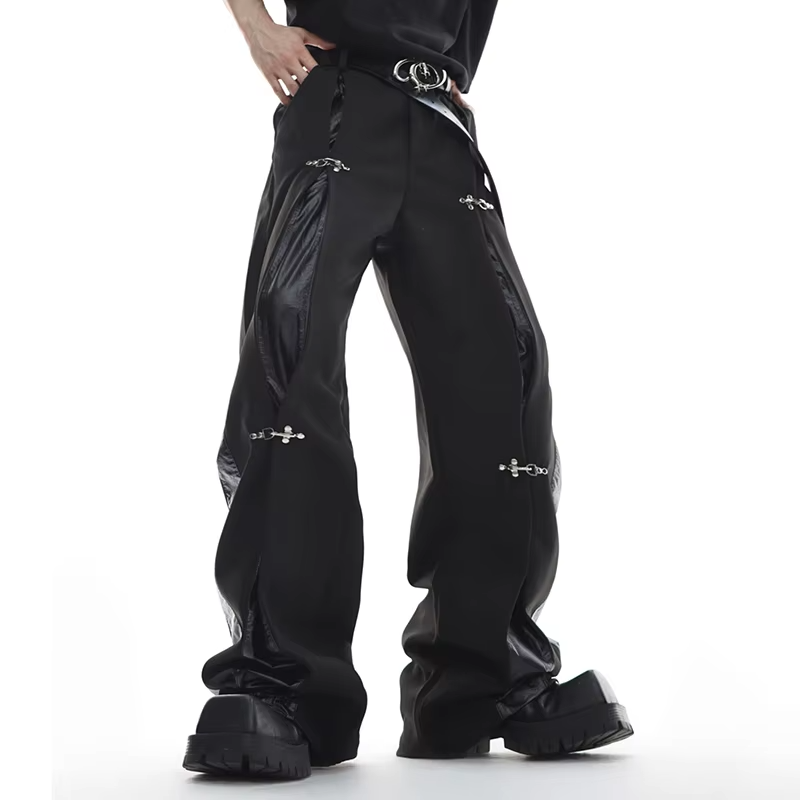 FEWQ American Style High Street Metal Buckle UP Leather Splicing Design Men's Casual Trousers Straight Leg Pants