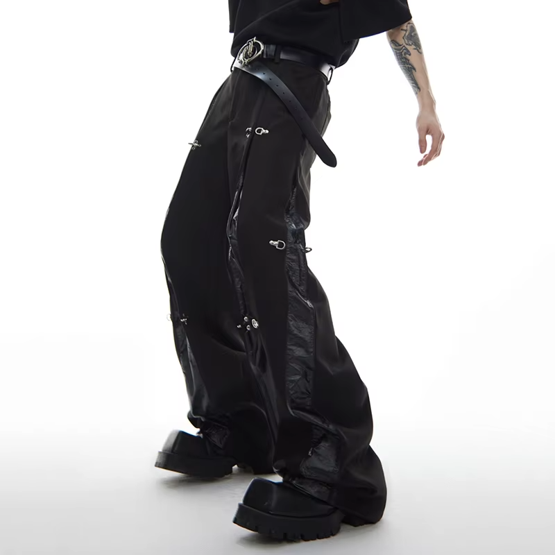 FEWQ American Style High Street Metal Buckle UP Leather Splicing Design Men's Casual Trousers Straight Leg Pants
