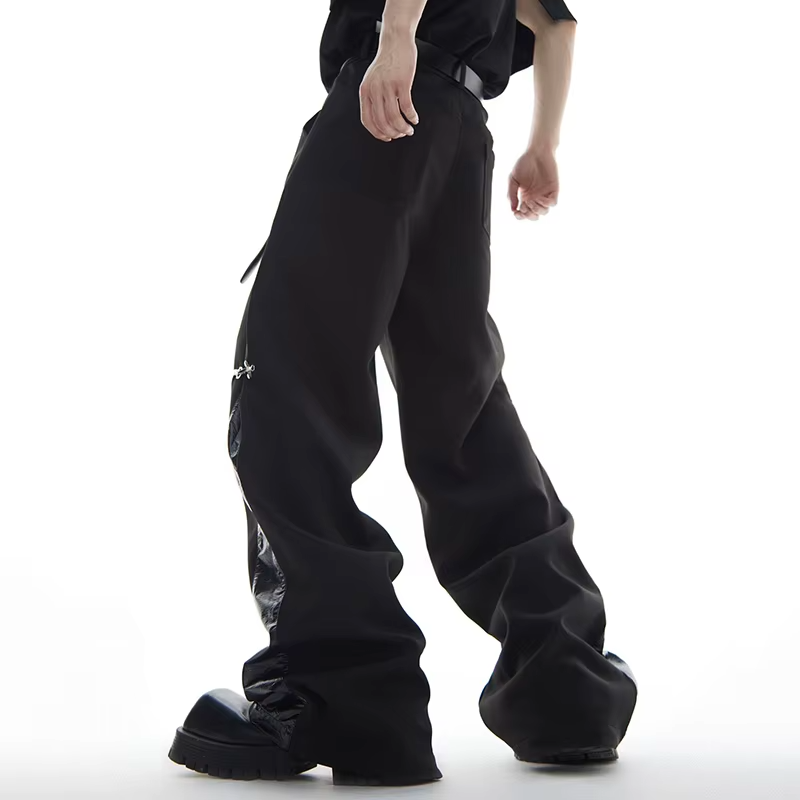 FEWQ American Style High Street Metal Buckle UP Leather Splicing Design Men's Casual Trousers Straight Leg Pants
