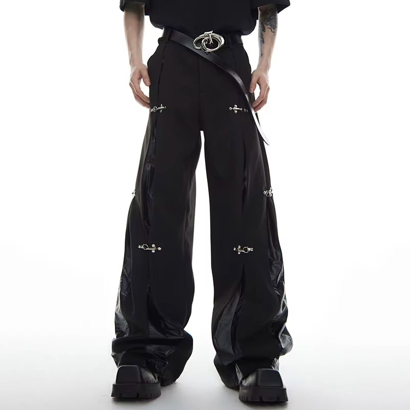 FEWQ American Style High Street Metal Buckle UP Leather Splicing Design Men's Casual Trousers Straight Leg Pants