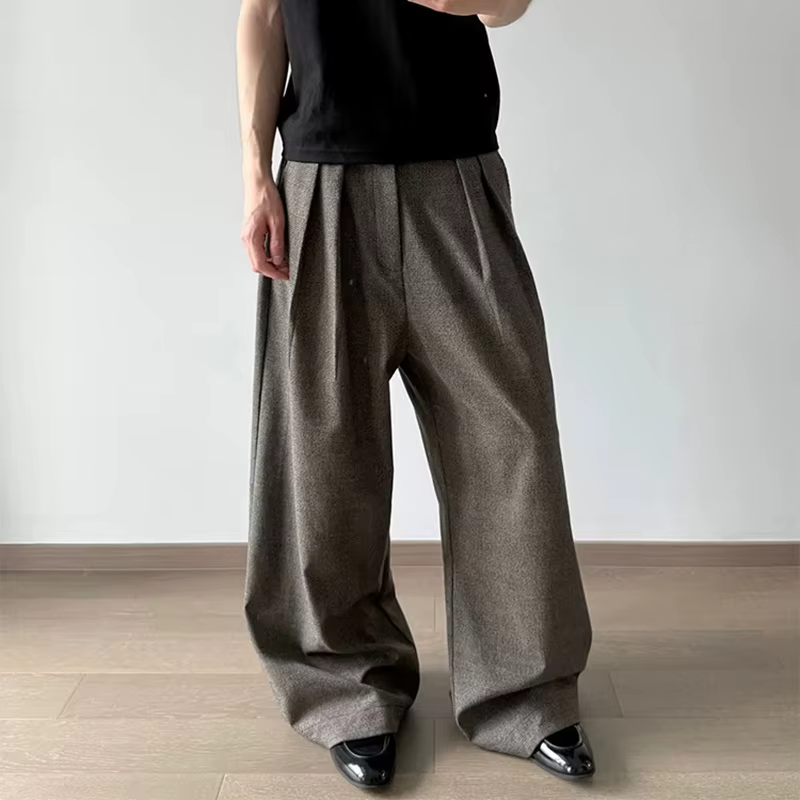 FEWQ Korean Retro Pleated Patchwork Suede Men's Trousers Casual Fashion Straight Leg Wide Leg Pants 2026 Autumn New