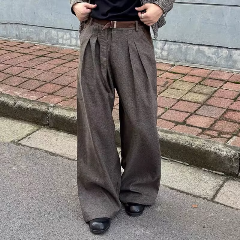 FEWQ Korean Retro Pleated Patchwork Suede Men's Trousers Casual Fashion Straight Leg Wide Leg Pants 2026 Autumn New