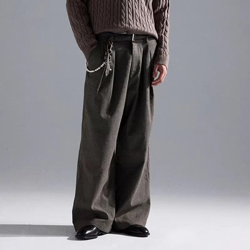 FEWQ Korean Retro Pleated Patchwork Suede Men's Trousers Casual Fashion Straight Leg Wide Leg Pants 2026 Autumn New