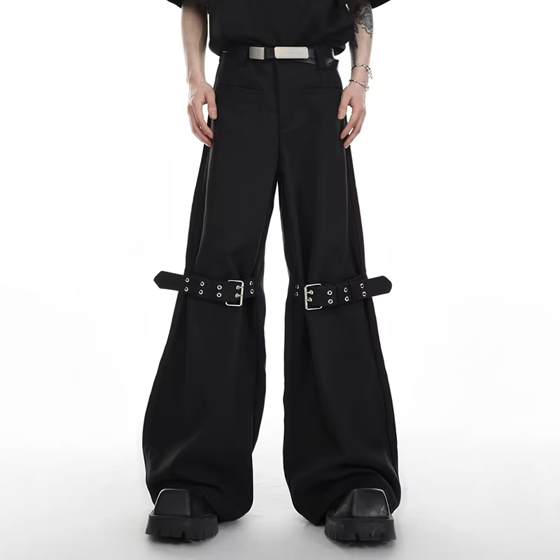 FEWQ Korean Style Niche Texture Strap Design Diagonal Men's Trousers Casual Micro Flared Silhouette Pants 2026 Autumn New