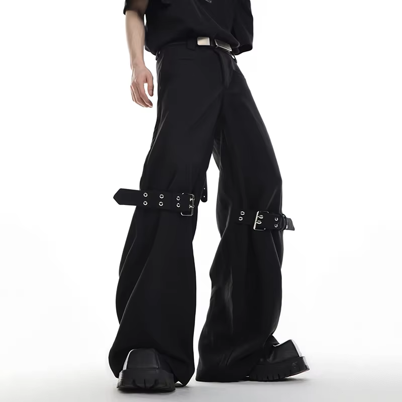 FEWQ Korean Style Niche Texture Strap Design Diagonal Men's Trousers Casual Micro Flared Silhouette Pants 2026 Autumn New