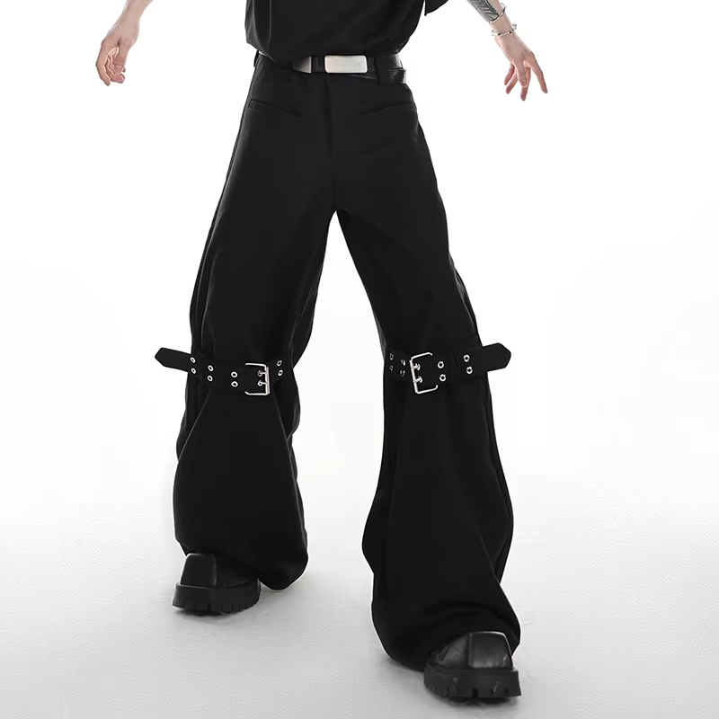 FEWQ Korean Style Niche Texture Strap Design Diagonal Men's Trousers Casual Micro Flared Silhouette Pants 2026 Autumn New