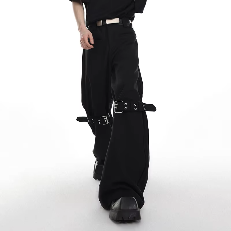 FEWQ Korean Style Niche Texture Strap Design Diagonal Men's Trousers Casual Micro Flared Silhouette Pants 2026 Autumn New