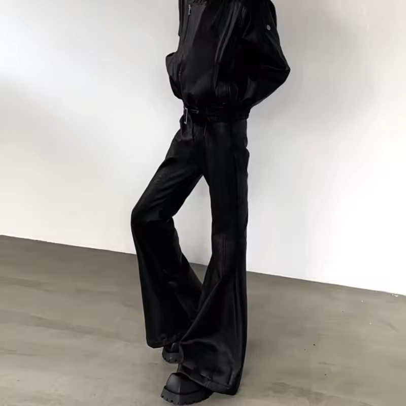 FEWQ Retro Design Punk Style Men's PU Leather Pants Casual Windproof Solid Color Micro Flared Trousers 2026 Spring New