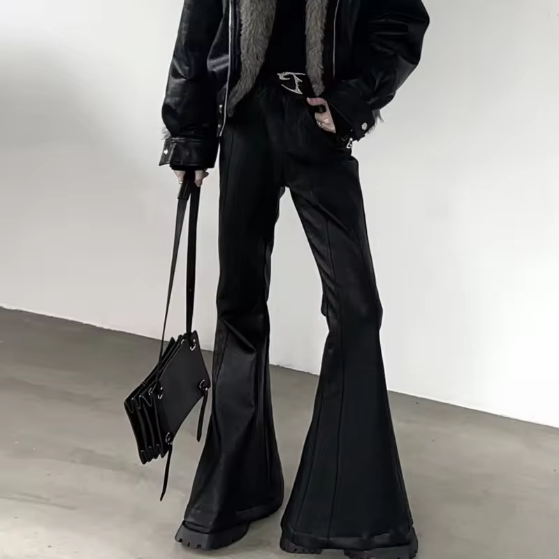 FEWQ Retro Design Punk Style Men's PU Leather Pants Casual Windproof Solid Color Micro Flared Trousers 2026 Spring New