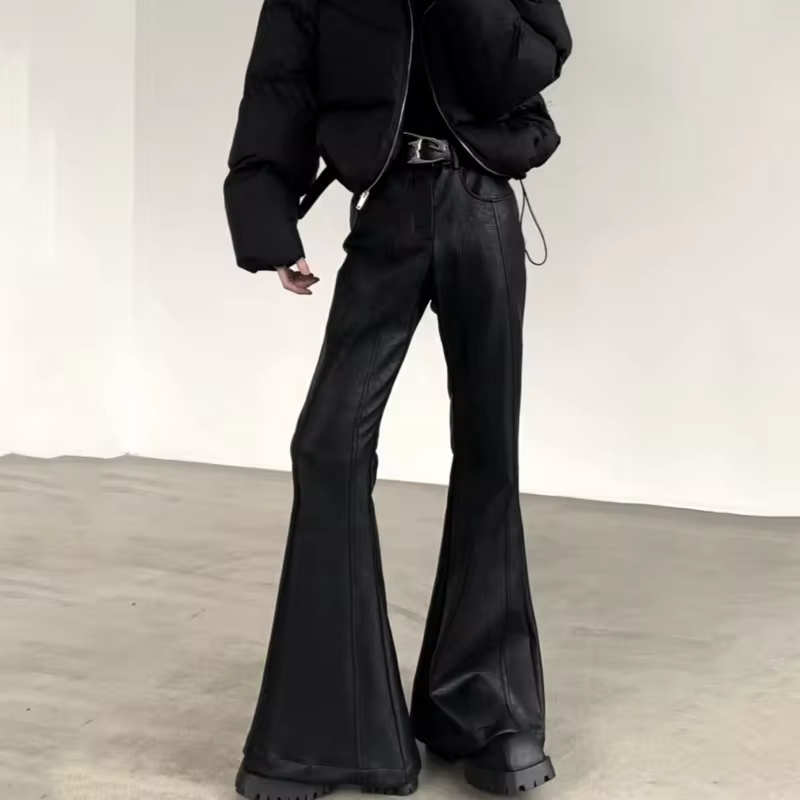 FEWQ Retro Design Punk Style Men's PU Leather Pants Casual Windproof Solid Color Micro Flared Trousers 2026 Spring New