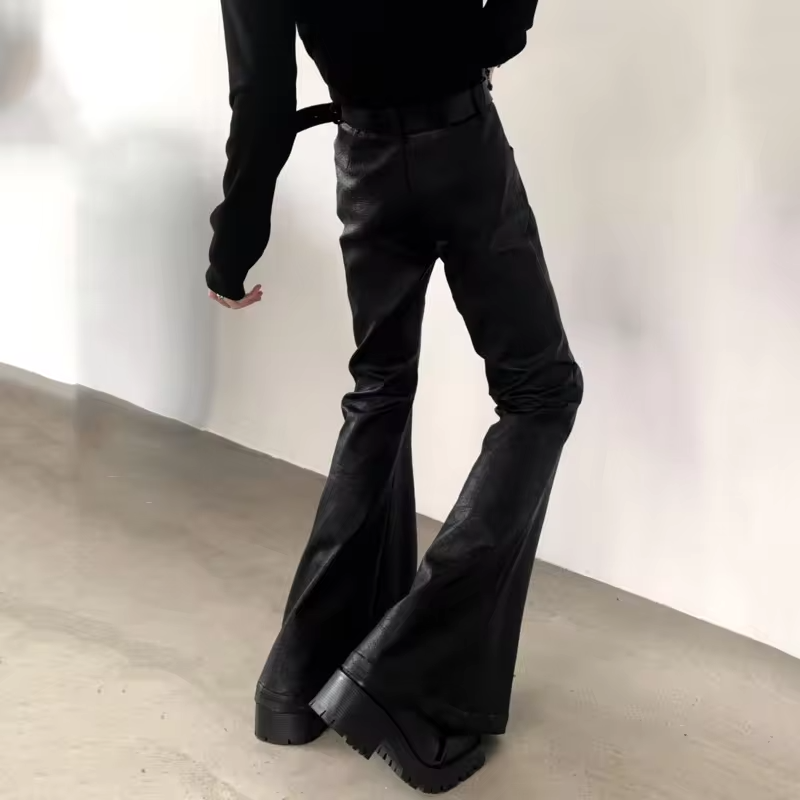 FEWQ Retro Design Punk Style Men's PU Leather Pants Casual Windproof Solid Color Micro Flared Trousers 2026 Spring New