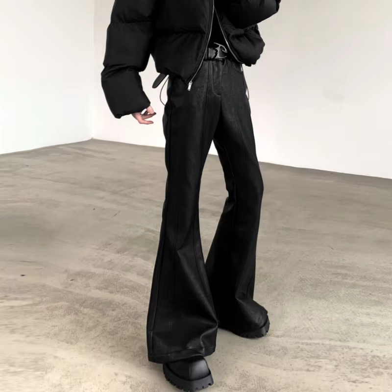 FEWQ Retro Design Punk Style Men's PU Leather Pants Casual Windproof Solid Color Micro Flared Trousers 2026 Spring New