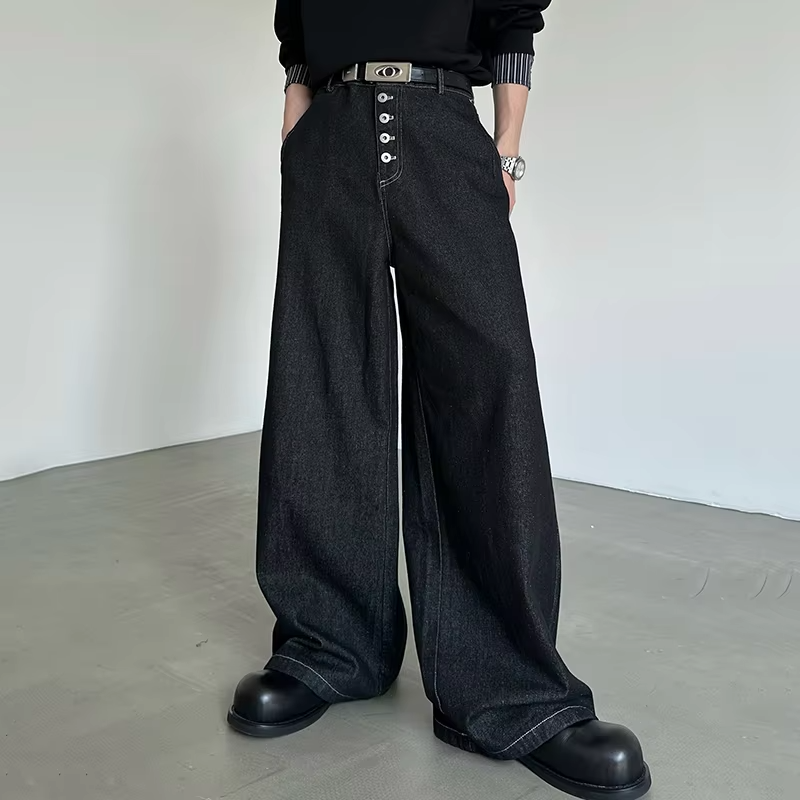 FEWQ American Retro Solid Color Multi Button Men's Wide Leg Jeans Floor High Waist Slightly Flared Casual Pants