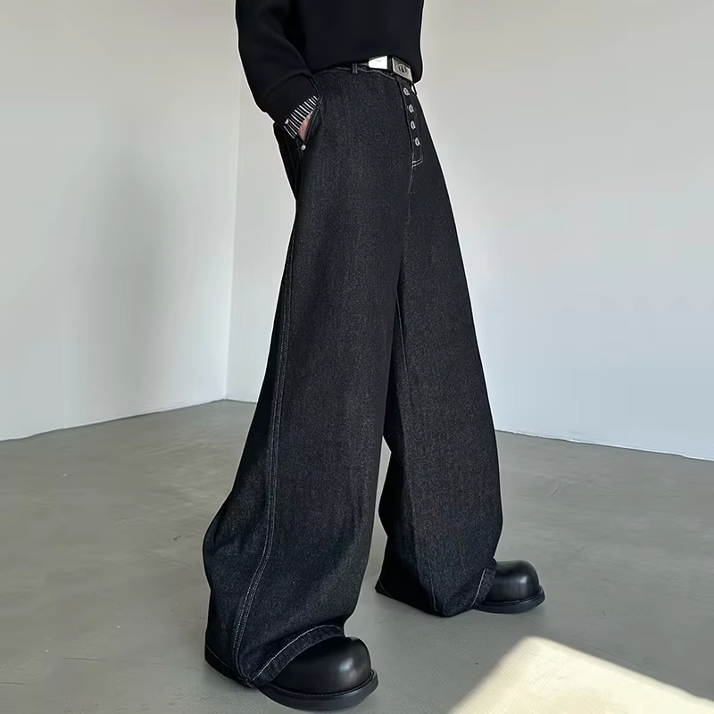 FEWQ American Retro Solid Color Multi Button Men's Wide Leg Jeans Floor High Waist Slightly Flared Casual Pants