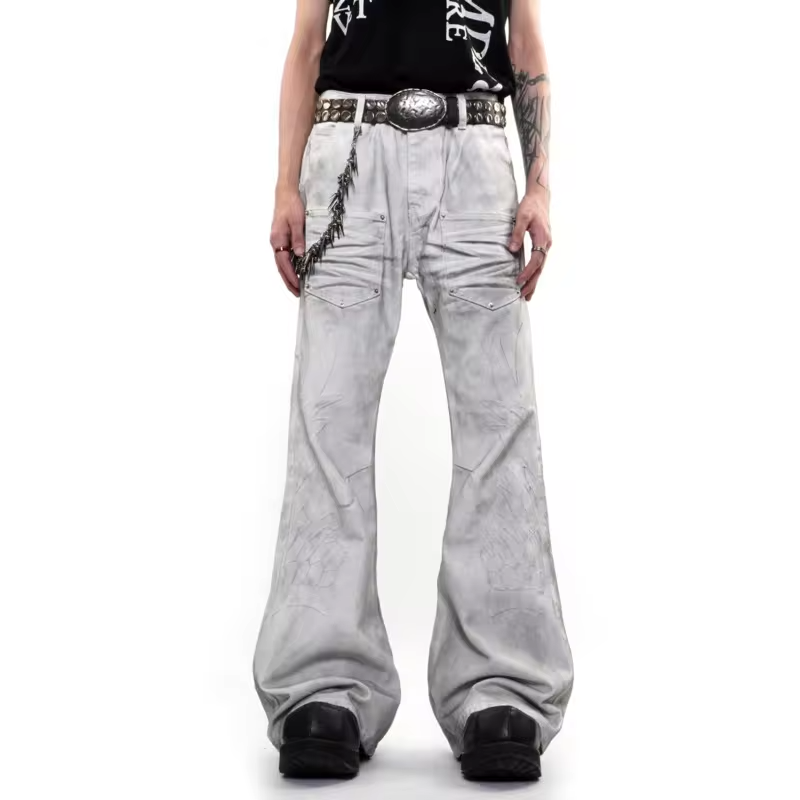 PFNW High Street Distressed Embroidery Flared Jeans Men's Fashionable Washed Slim Fit Pants 2026 New Tide