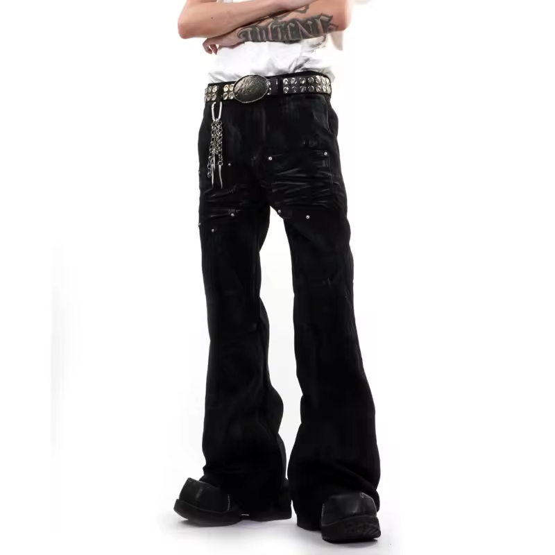 PFNW High Street Distressed Embroidery Flared Jeans Men's Fashionable Washed Slim Fit Pants 2026 New Tide