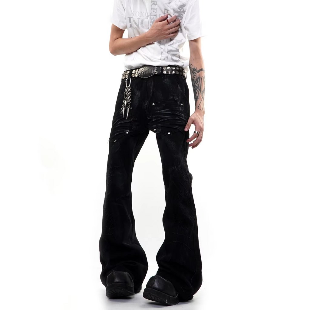 PFNW High Street Distressed Embroidery Flared Jeans Men's Fashionable Washed Slim Fit Pants 2026 New Tide