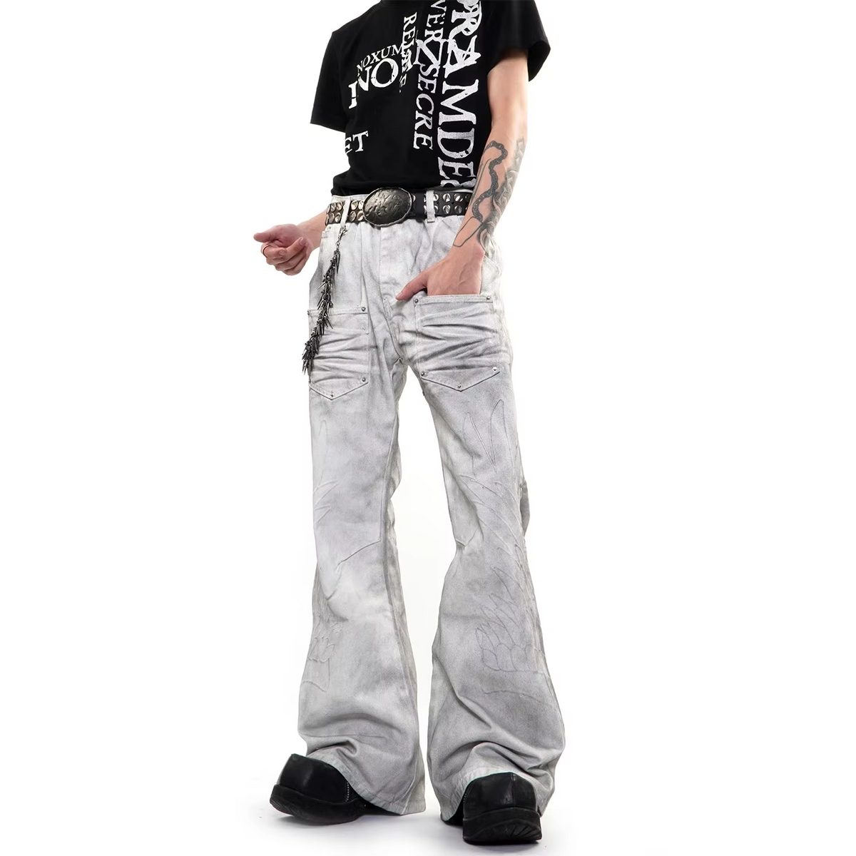 PFNW High Street Distressed Embroidery Flared Jeans Men's Fashionable Washed Slim Fit Pants 2026 New Tide