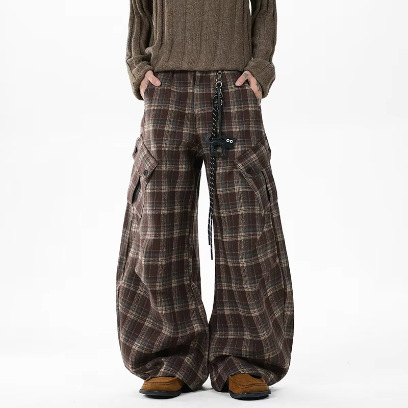 FEWQ Men's Cargo Trousers Contrast Color Plaid Design Niche Big Pockets Wide Leg Silhouette Vintage Male Pants Autumn