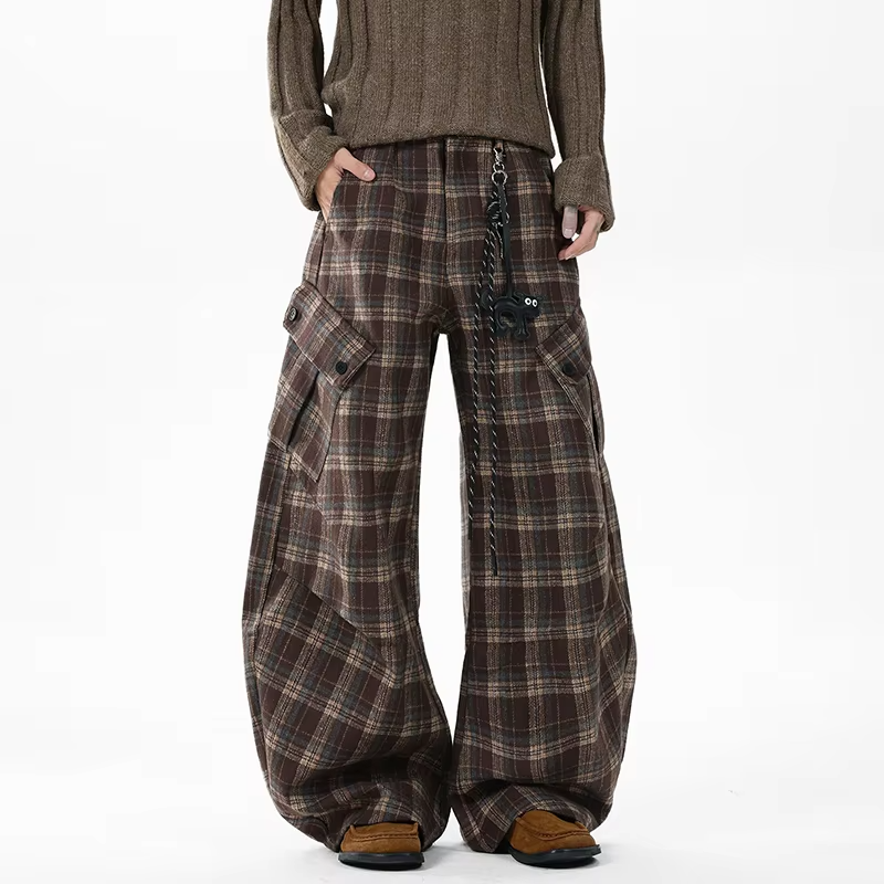 FEWQ Men's Cargo Trousers Contrast Color Plaid Design Niche Big Pockets Wide Leg Silhouette Vintage Male Pants Autumn