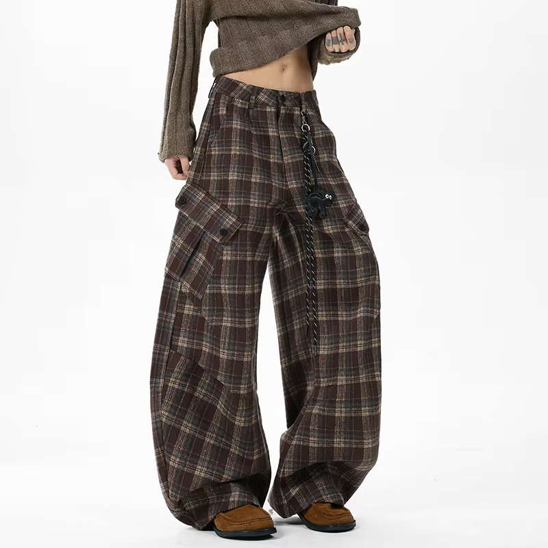 FEWQ Men's Cargo Trousers Contrast Color Plaid Design Niche Big Pockets Wide Leg Silhouette Vintage Male Pants Autumn