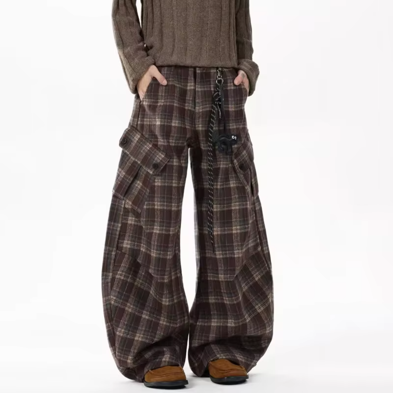 FEWQ Men's Cargo Trousers Contrast Color Plaid Design Niche Big Pockets Wide Leg Silhouette Vintage Male Pants Autumn