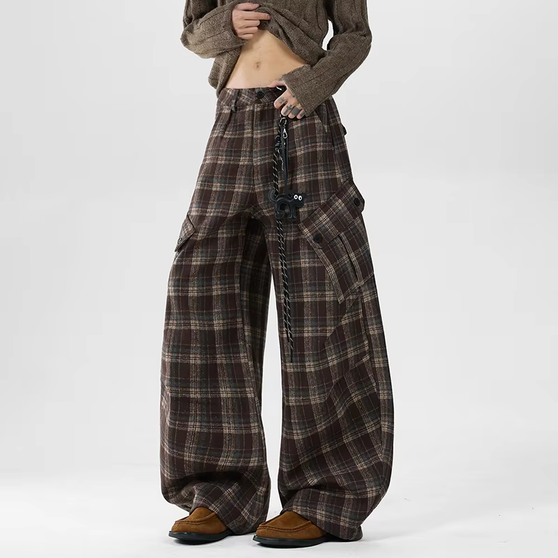 FEWQ Men's Cargo Trousers Contrast Color Plaid Design Niche Big Pockets Wide Leg Silhouette Vintage Male Pants Autumn