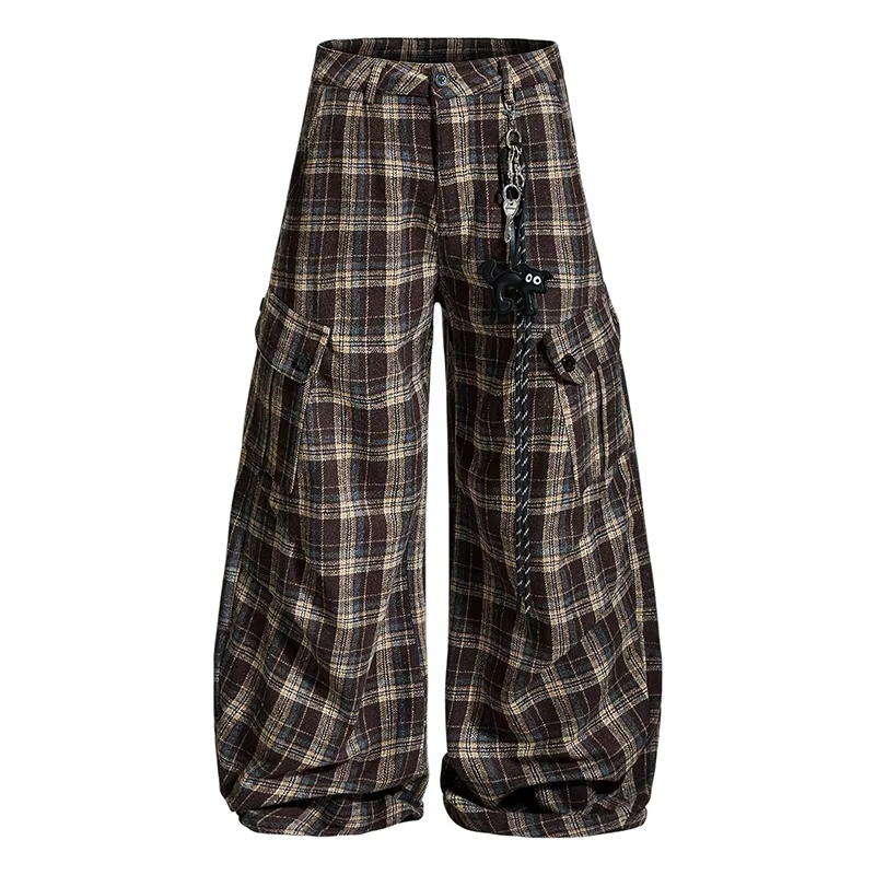 FEWQ Men's Cargo Trousers Contrast Color Plaid Design Niche Big Pockets Wide Leg Silhouette Vintage Male Pants Autumn