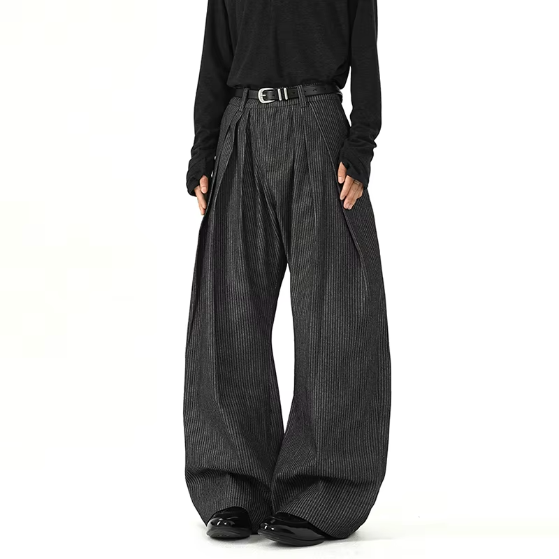 FEWQ Korean Style Men's Casual Pants Pleated Design Striped Contrast Color Troousers Loose Wide Leg Niche Male Bottom