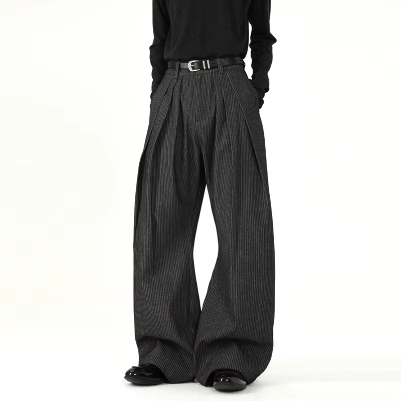 FEWQ Korean Style Men's Casual Pants Pleated Design Striped Contrast Color Troousers Loose Wide Leg Niche Male Bottom