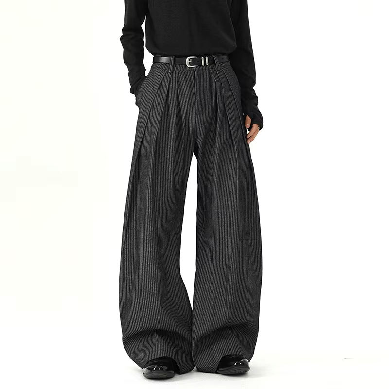 FEWQ Korean Style Men's Casual Pants Pleated Design Striped Contrast Color Troousers Loose Wide Leg Niche Male Bottom
