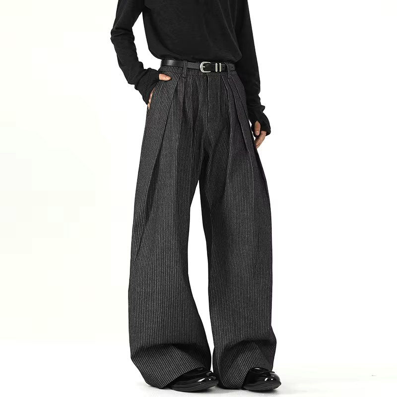 FEWQ Korean Style Men's Casual Pants Pleated Design Striped Contrast Color Troousers Loose Wide Leg Niche Male Bottom