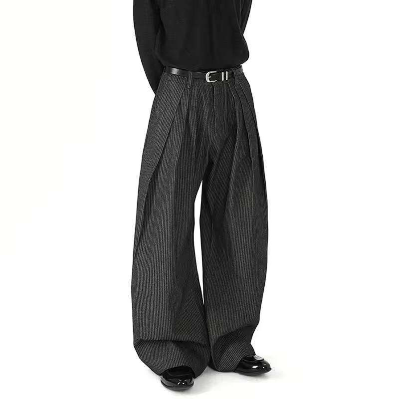 FEWQ Korean Style Men's Casual Pants Pleated Design Striped Contrast Color Troousers Loose Wide Leg Niche Male Bottom