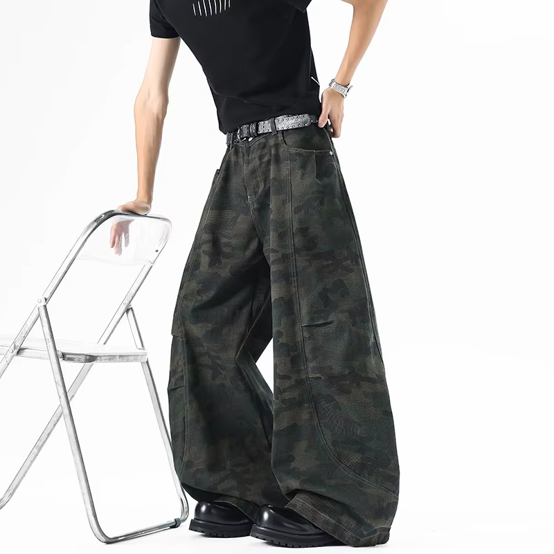 FEWQ American Pleated Camouflage Men's Workwear Jeans High Street Loose Straight Leg Wide Leg Pants 2026 Summer New