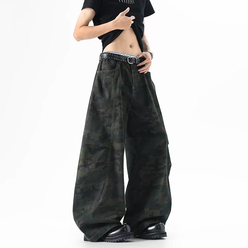 FEWQ American Pleated Camouflage Men's Workwear Jeans High Street Loose Straight Leg Wide Leg Pants 2026 Summer New