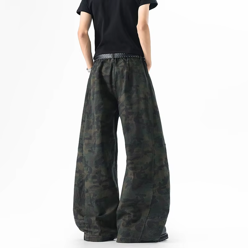 FEWQ American Pleated Camouflage Men's Workwear Jeans High Street Loose Straight Leg Wide Leg Pants 2026 Summer New