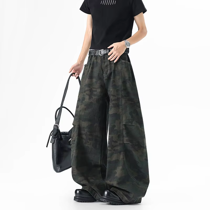 FEWQ American Pleated Camouflage Men's Workwear Jeans High Street Loose Straight Leg Wide Leg Pants 2026 Summer New