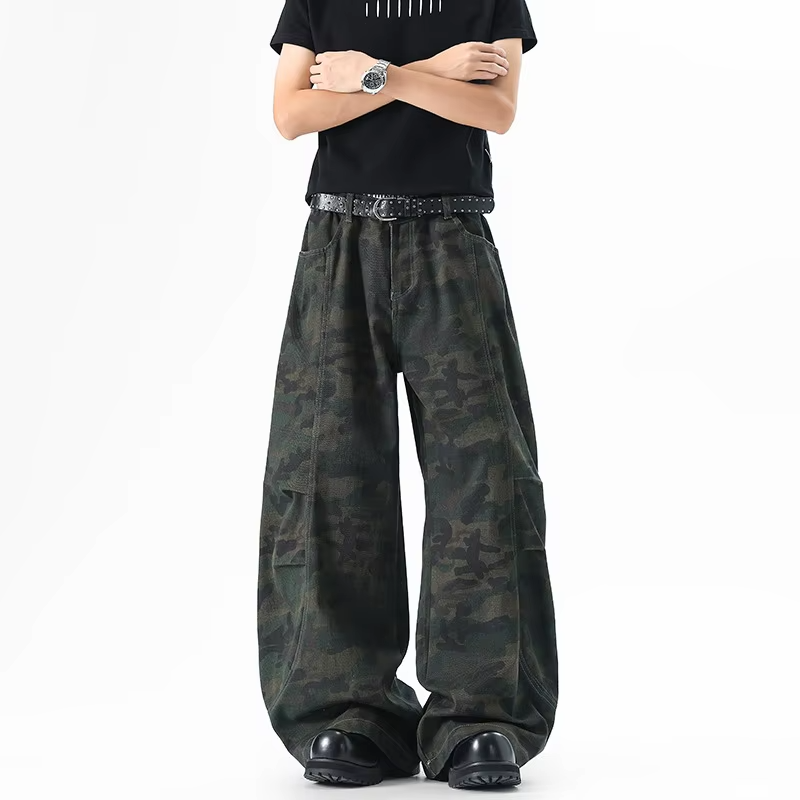 FEWQ American Pleated Camouflage Men's Workwear Jeans High Street Loose Straight Leg Wide Leg Pants 2026 Summer New