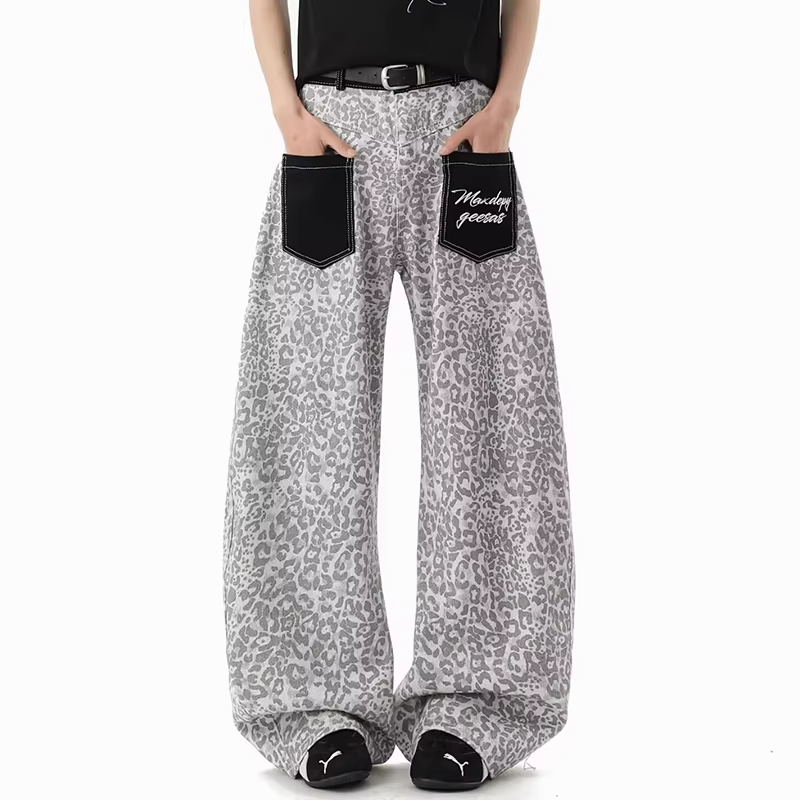 FEWQ American Vintage Leopard Print Denim Jeans Patch Pocket Curved Wide Leg Loose Streetwear Casual Fashion Straight Trousers