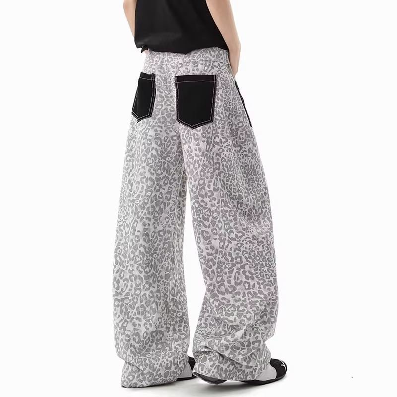 FEWQ American Vintage Leopard Print Denim Jeans Patch Pocket Curved Wide Leg Loose Streetwear Casual Fashion Straight Trousers