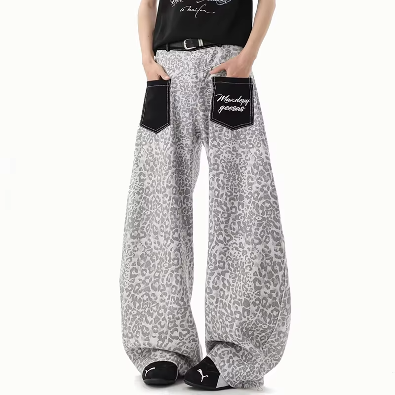 FEWQ American Vintage Leopard Print Denim Jeans Patch Pocket Curved Wide Leg Loose Streetwear Casual Fashion Straight Trousers