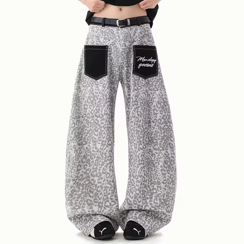 FEWQ American Vintage Leopard Print Denim Jeans Patch Pocket Curved Wide Leg Loose Streetwear Casual Fashion Straight Trousers