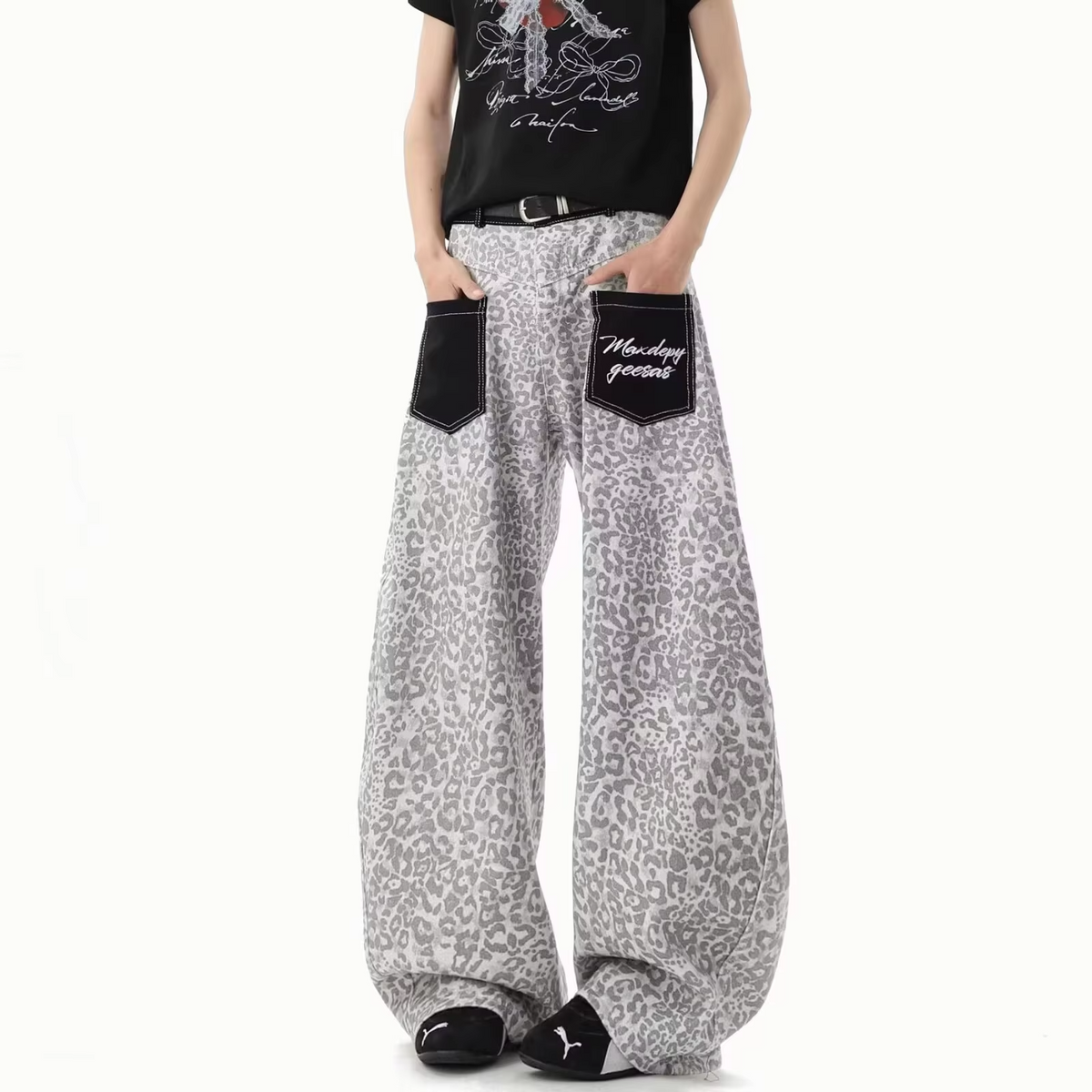 FEWQ American Vintage Leopard Print Denim Jeans Patch Pocket Curved Wide Leg Loose Streetwear Casual Fashion Straight Trousers